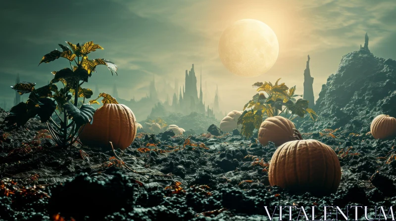 Mysterious Landscape with Glowing Pumpkins and a Full Moon AI Image