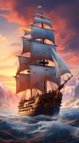Sailing Ship at Sunset: Hyper-Realistic Baroque Maritime Art