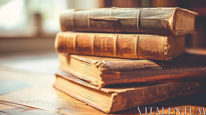 Stack of Four Old Books on Wooden Table - Vintage Art AI Image