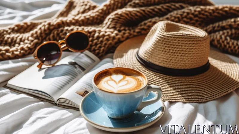 Still Life with Blue Coffee Cup, Book, Sunglasses, and Straw Hat AI Image