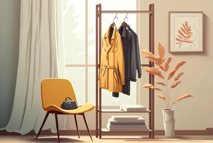 Whimsical Yellow Chair and Jacket Rack on Wooden Floor | Playful Cartoon Compositions