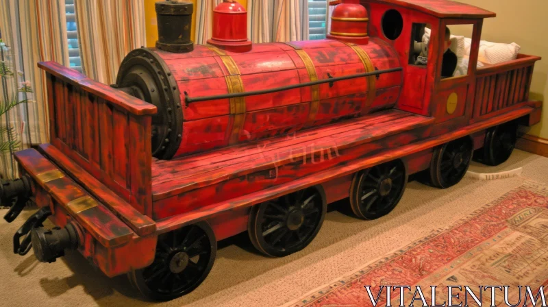 Wooden Toy Train Bed | Red Painted | Black Wheels AI Image