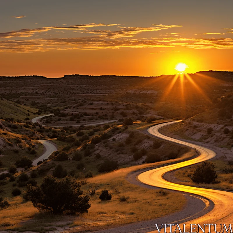 Captivating Nature Photography: A Curving Road Bathed in Warm Golden Hues AI Image