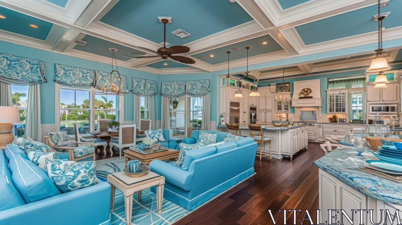 Coastal-Themed Living Room with Light Blue Walls AI Image