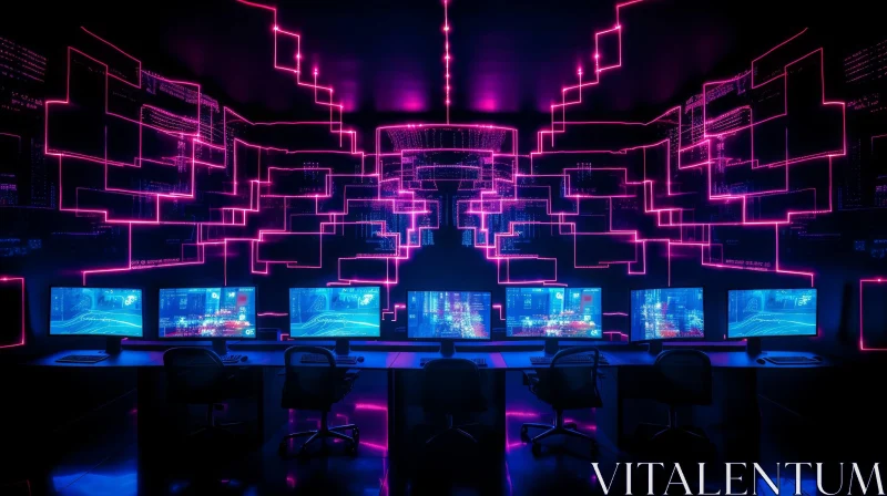 Dark Room with Operational Computers and Neon Lights AI Image