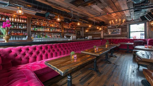 Elegant Bar Scene with Pink Velvet Sofa and Wooden Furniture