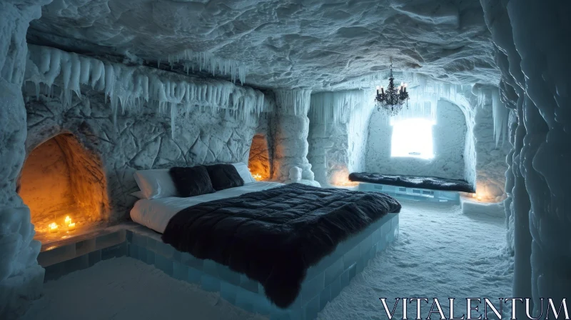Enchanting Ice Hotel Bedroom: A Frozen Oasis of Elegance AI Image