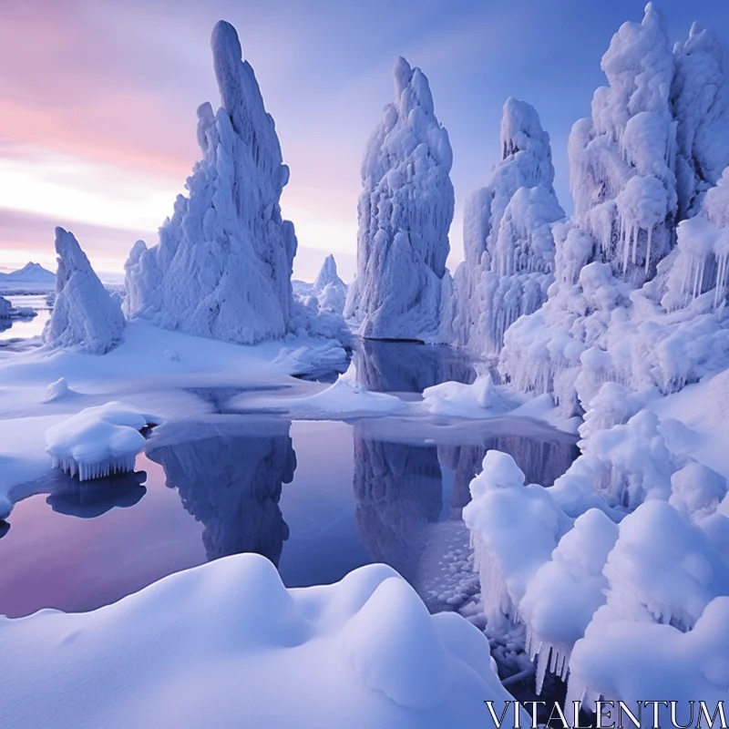 Enchanting Winter Scene: Ice Formations Covered in Snow by a Serene Lake AI Image
