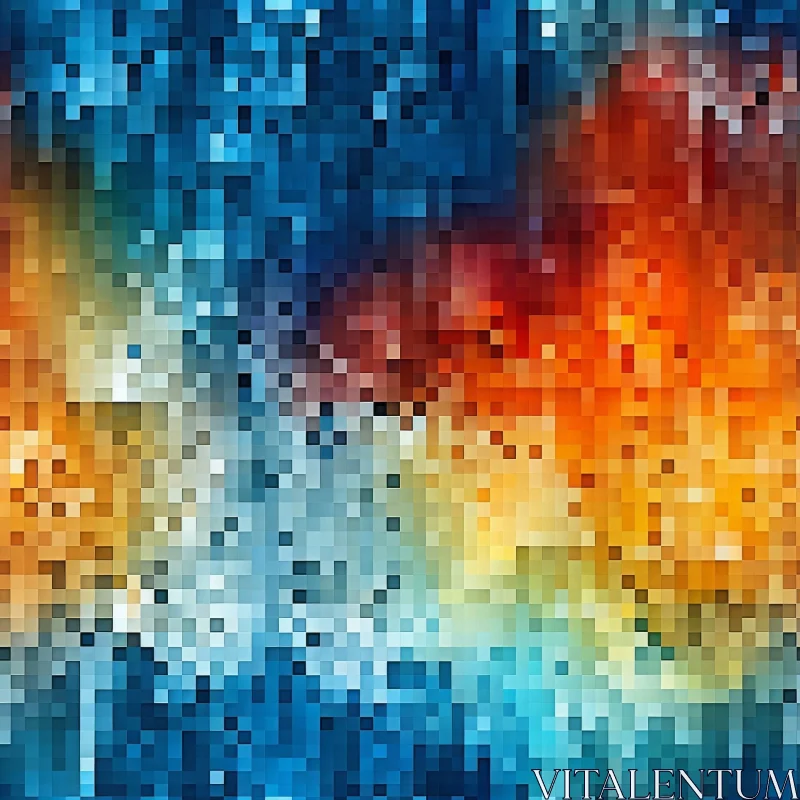 Pixelated Mosaic of Blue, Orange, and Yellow Squares AI Image