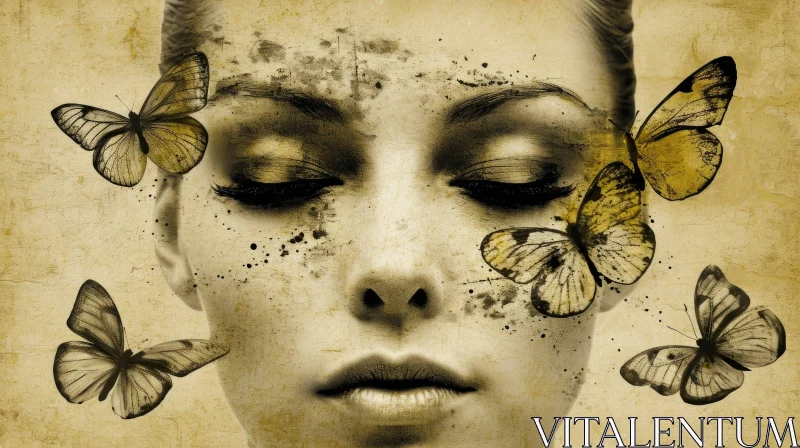 Serene Woman with Butterfly: Vintage Close-Up Portrait AI Image