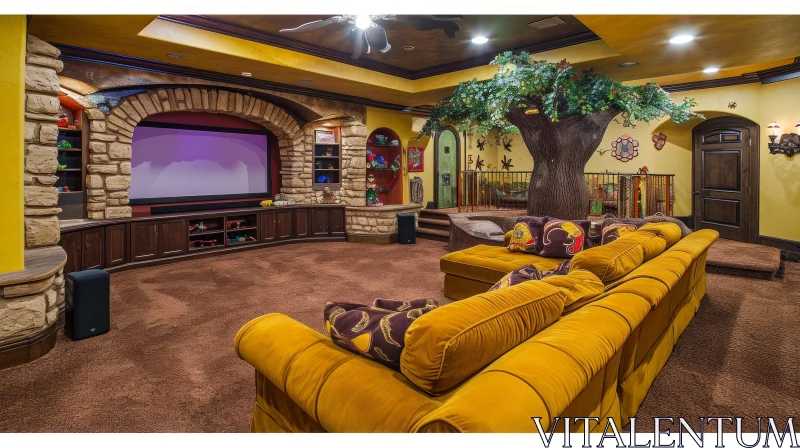 Cozy Home Theater Room with Tree Mural and Stone Archway AI Image