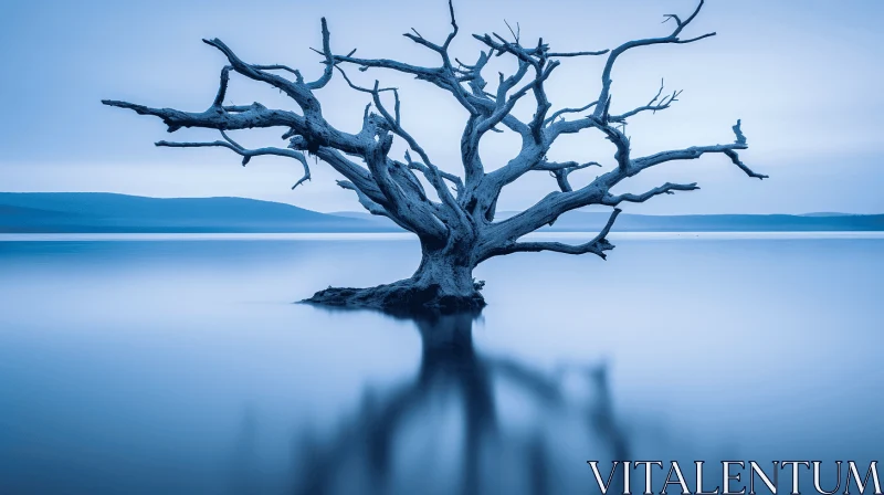 Ethereal Beauty: A Captivating Image of a Lone Tree in a Blue Lake AI Image