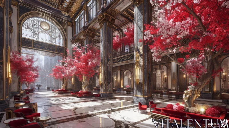Exquisite Hotel Lobby: Marble Floors, Gold Accents, and Cherry Blossom Trees AI Image