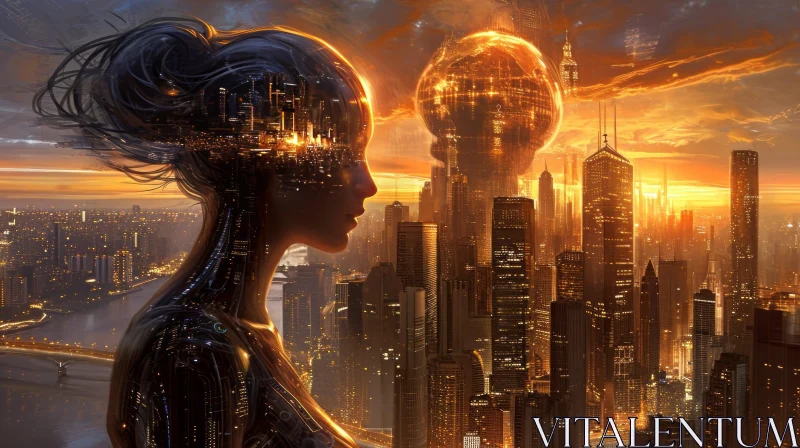 Futuristic Woman in Black Dress Standing in Front of Cityscape AI Image