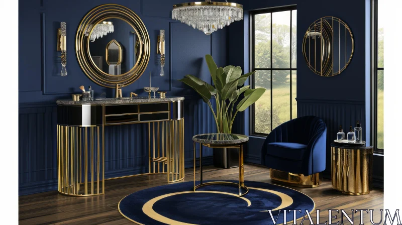 Luxurious Bathroom with Dark Blue Walls and Gold Accents AI Image