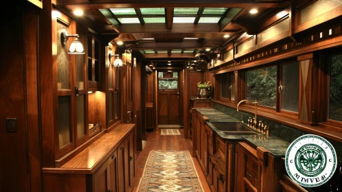 Luxurious Train Car Interior with Wood Paneling and Stained Glass Windows
