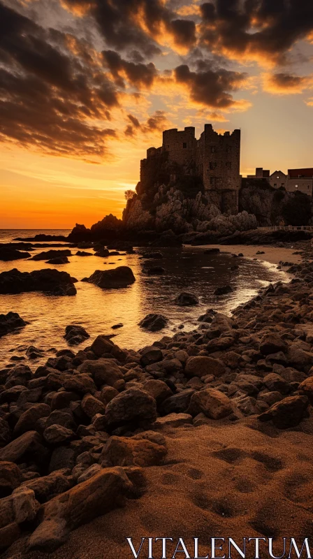 Medieval Castle on Beach: A Captivating Sunset Scene AI Image