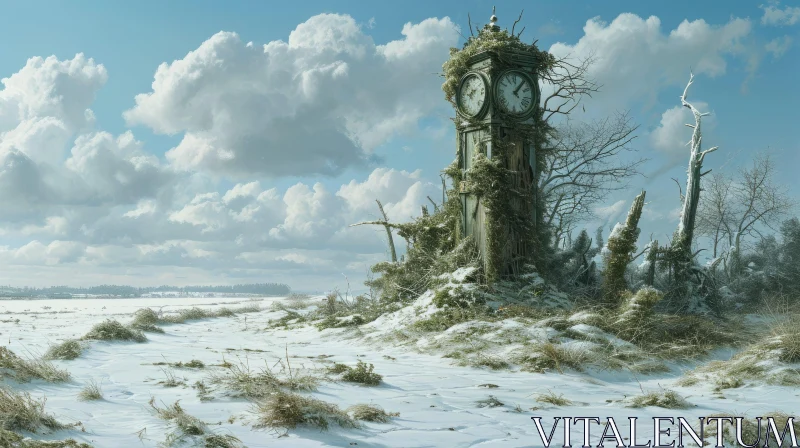 Post-Apocalyptic Landscape with Clock Tower and Snow AI Image