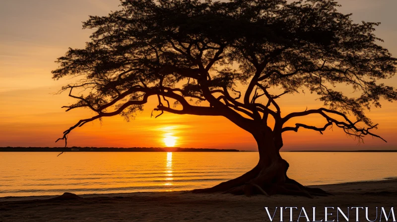 Serene Sunset on a Beach with Silhouetted Tree | African-inspired Art AI Image