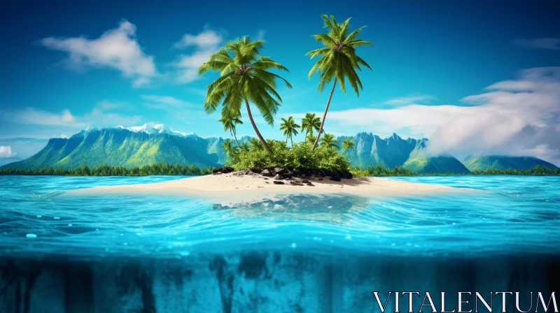 Submerged Paradise: A Captivating Underwater Island with Mountains and Palm Trees AI Image