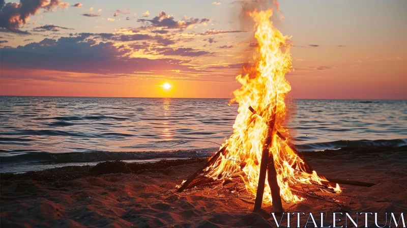 Tranquil Sunset Beach Bonfire - Captivating Image AI Image