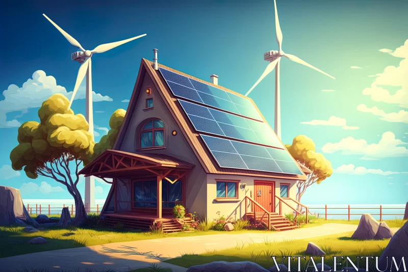 Captivating House and Wind Turbines Artwork | Neo-Geo Inspired AI Image