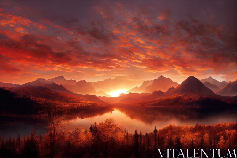 AI ART Red Orange Autumn Sunrise with Mountains | HD Wallpaper for iPhone