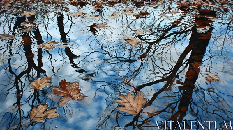 Reflection of Sky, Trees, and Leaves in a Puddle of Water AI Image