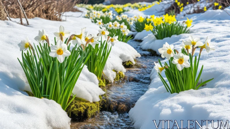 Snow-covered Field with Blooming Daffodils: A Captivating Spring Scene AI Image