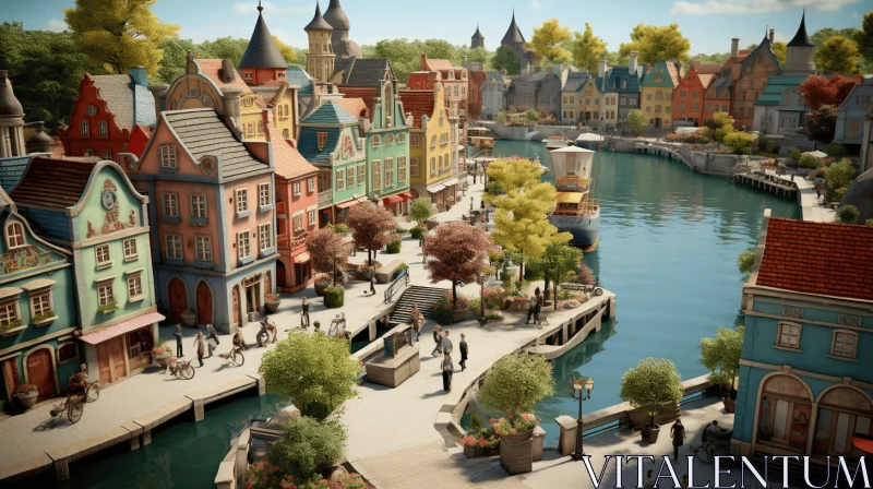 Whimsical Cityscape Along a Peaceful River | Dutch Marine Scenes AI Image