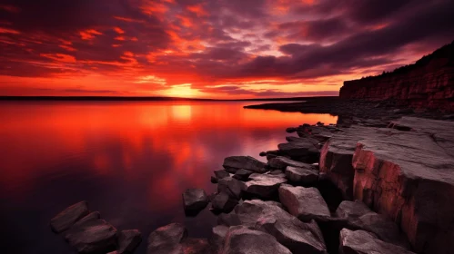 Captivating Red Sunset Reflection on Water with Rocks - Nature Photography