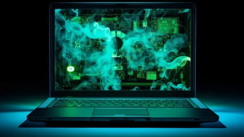 Dark Laptop with Green Circuit Board and Smoke - Futuristic Technology