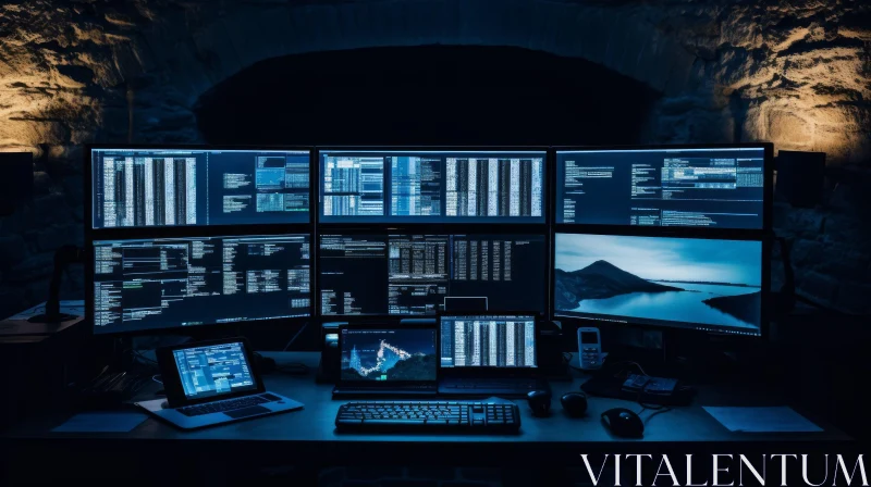 Dark Room Hacker's Workplace with Monitors AI Image