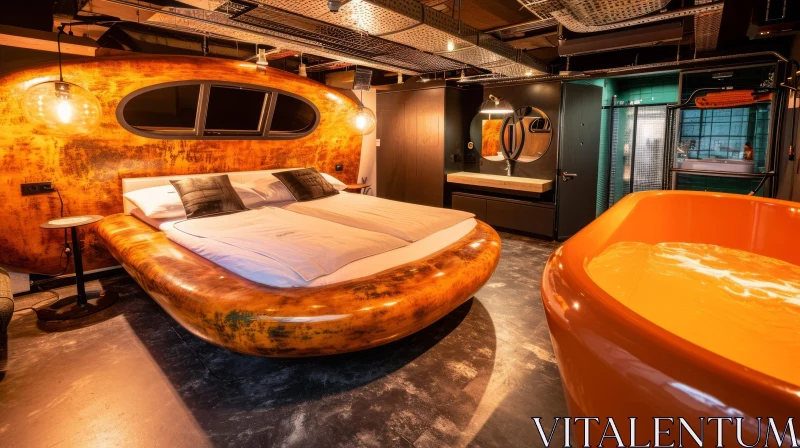 Luxurious Hotel Room with Round Bed and Copper Bathtub AI Image