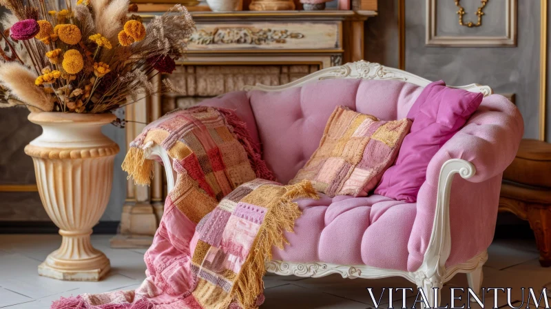 Luxurious Vintage Pink Sofa in a Cozy Living Room AI Image