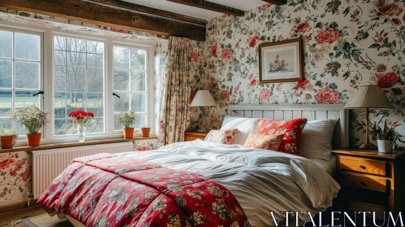 Cozy Floral Bedroom with Wooden Furniture and Delicate Wallpaper AI Image