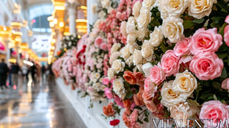 Exquisite Wall of Pink, White, and Cream-Colored Roses - A Captivating Floral Composition AI Image