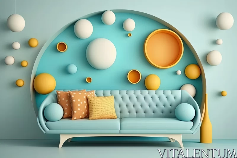 AI ART Luxurious Geometry: Blue Sofa and Yellow Spheres in Abstract Illustration