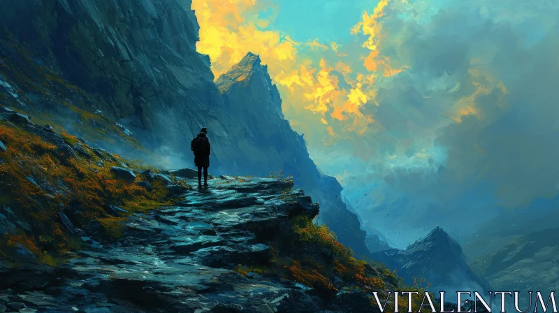 Stunning Landscape Painting: Majestic Mountains and Tranquil Serenity AI Image