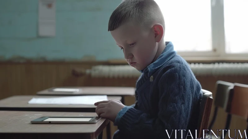 Thoughtful Schoolboy Using Tablet Computer in Classroom AI Image