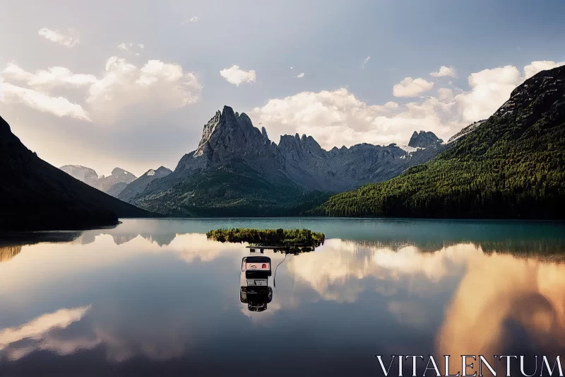 Tranquil Boat on Pond Surrounded by Majestic Mountains AI Image