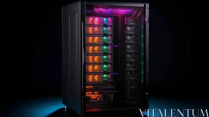Black Server Tower with Tempered Glass and Multi-Colored Lights AI Image