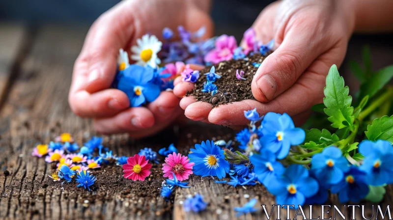 Close-up of Hands Holding Colorful Flowers and Soil AI Image