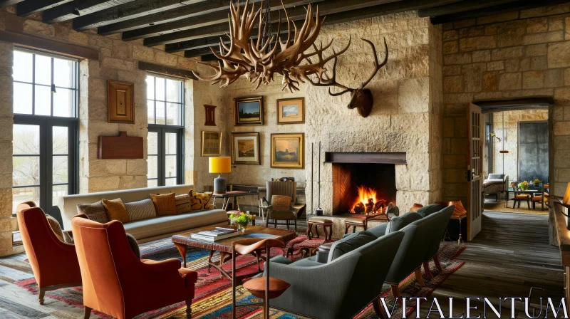 Cozy Rustic Lodge-like Living Room with Stone Fireplace AI Image