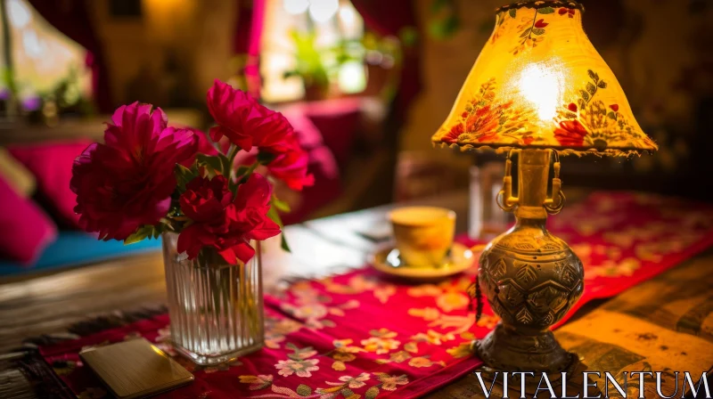Elegant Still Life Photography: Table with Red Tablecloth and Metal Lamp AI Image