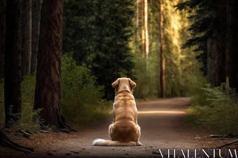 Enchanting Encounter: A Golden Retriever's Serene Stroll in the Forest AI Image