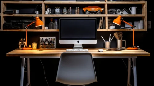 Modern Home Office with Wooden Desk and Orange Lamps