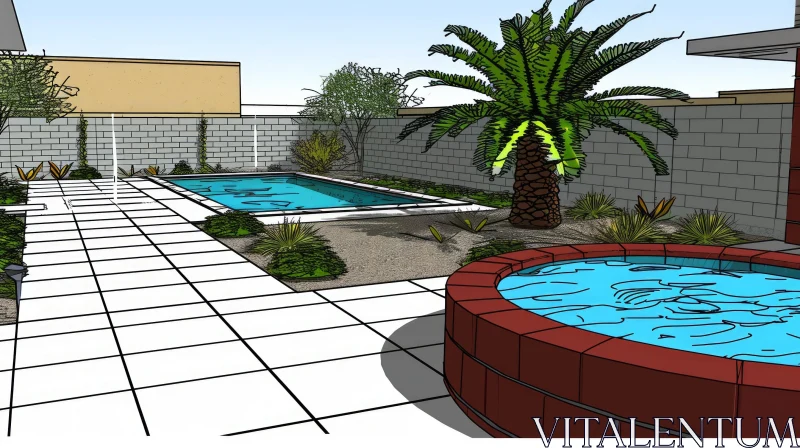 Tranquil Backyard with Swimming Pool, Spa, and Palm Tree AI Image
