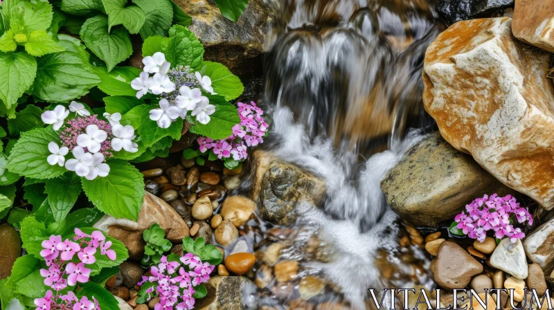 Tranquil Garden Waterfall: A Close-Up of Nature's Beauty AI Image