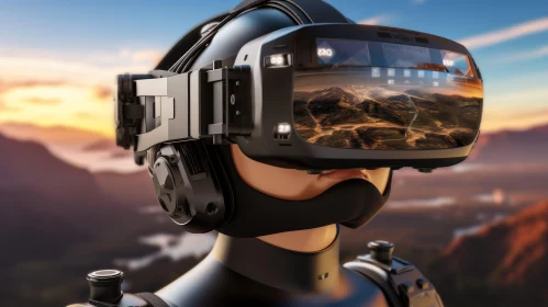 Virtual Reality Experience in Mountainous Landscape at Sunset